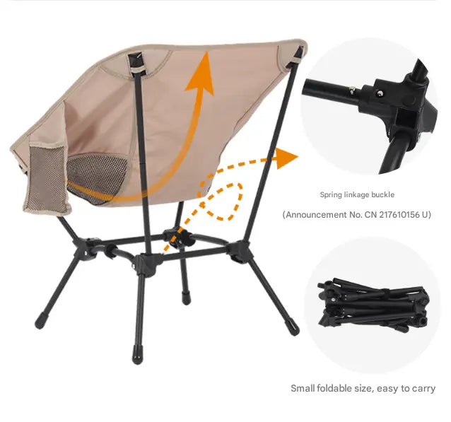 Khaki Lightweight Portable Camping Chair - Adjustable Height Folding Moon Chair with Breathable Mesh & Carry Bag for Outdoor, Beach, Fishing Wholesale Hub