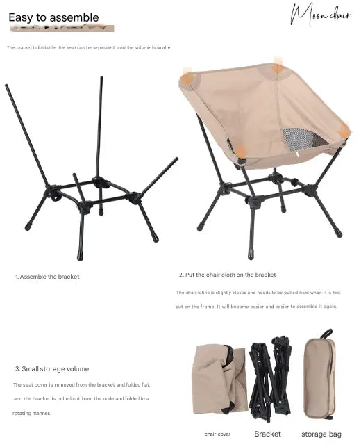 Khaki Lightweight Portable Camping Chair - Adjustable Height Folding Moon Chair with Breathable Mesh & Carry Bag for Outdoor, Beach, Fishing Wholesale Hub