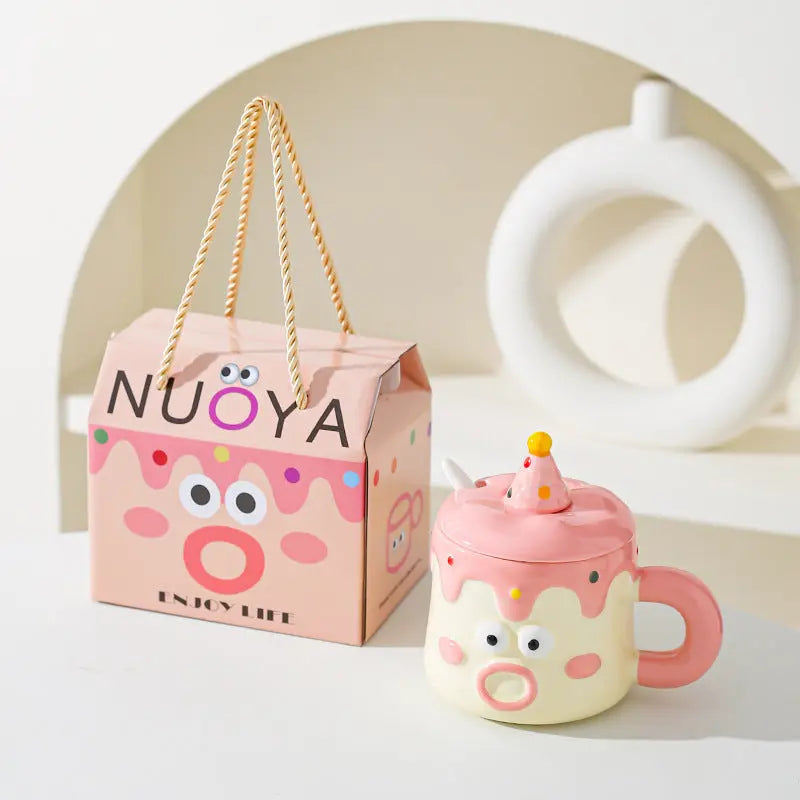 Pink Adorable Cartoon Character Ceramic Mug Set - 420ml with Fun Cake Design Lid & Matching Spoon - Perfect Gift Wholesale Hub