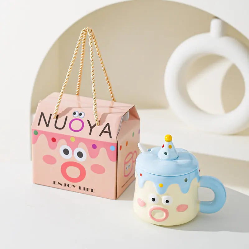 Blue Adorable Cartoon Character Ceramic Mug Set - 420ml with Fun Cake Design Lid & Matching Spoon - Perfect Gift Wholesale Hub