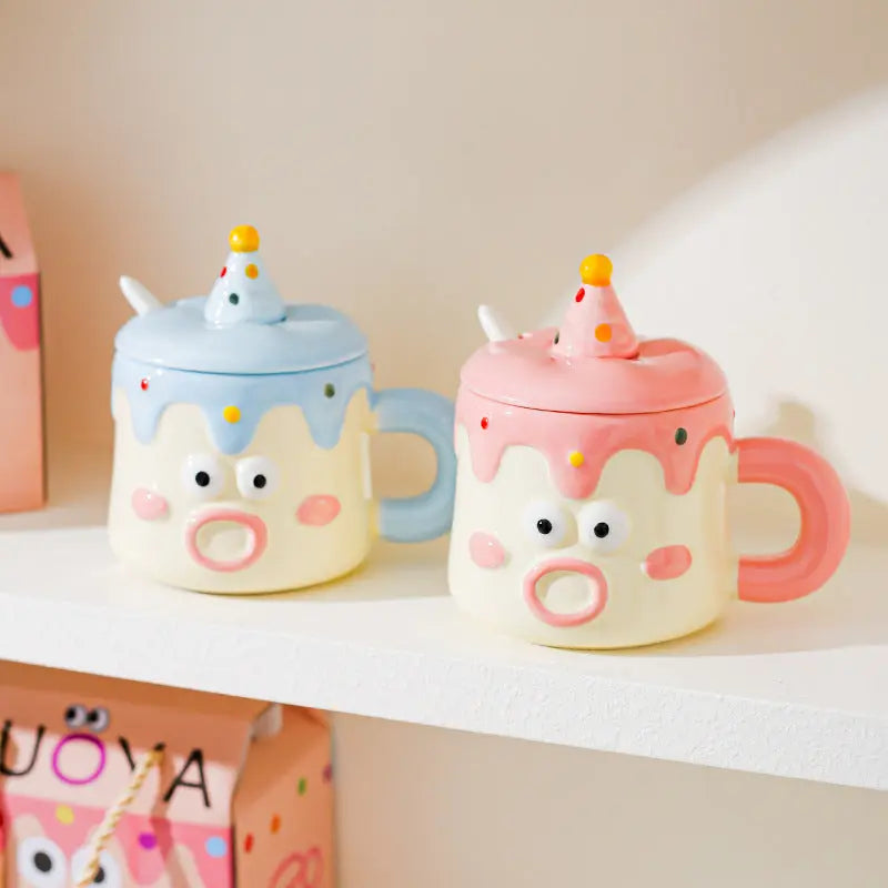 Blue Adorable Cartoon Character Ceramic Mug Set - 420ml with Fun Cake Design Lid & Matching Spoon - Perfect Gift Wholesale Hub