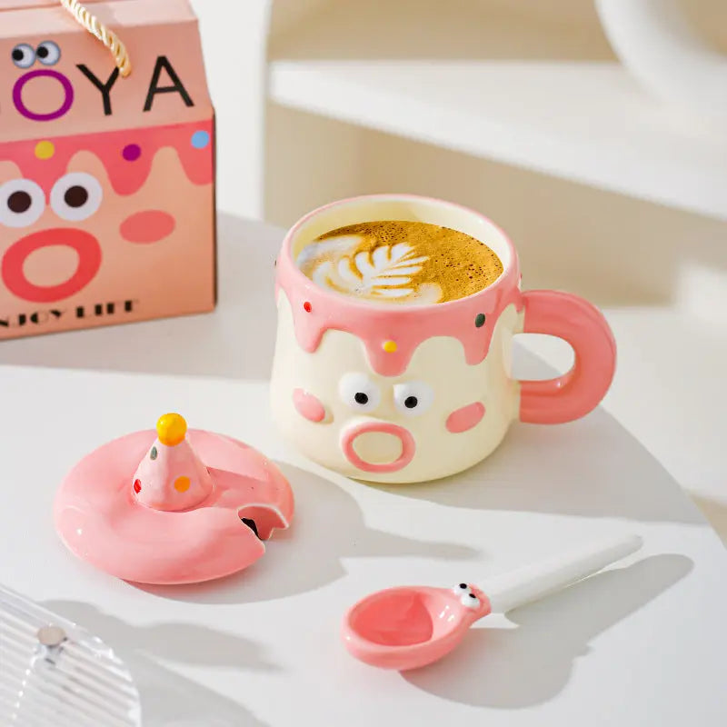 Blue Adorable Cartoon Character Ceramic Mug Set - 420ml with Fun Cake Design Lid & Matching Spoon - Perfect Gift Wholesale Hub