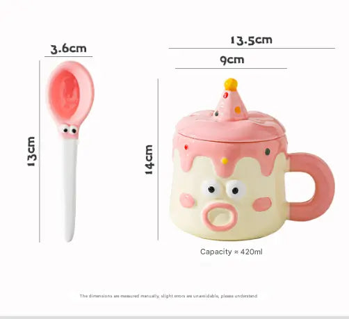 Blue Adorable Cartoon Character Ceramic Mug Set - 420ml with Fun Cake Design Lid & Matching Spoon - Perfect Gift Wholesale Hub