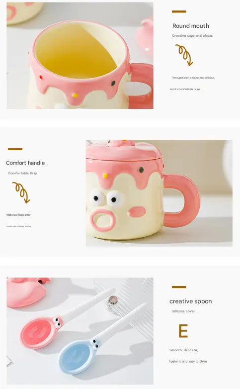 Blue Adorable Cartoon Character Ceramic Mug Set - 420ml with Fun Cake Design Lid & Matching Spoon - Perfect Gift Wholesale Hub