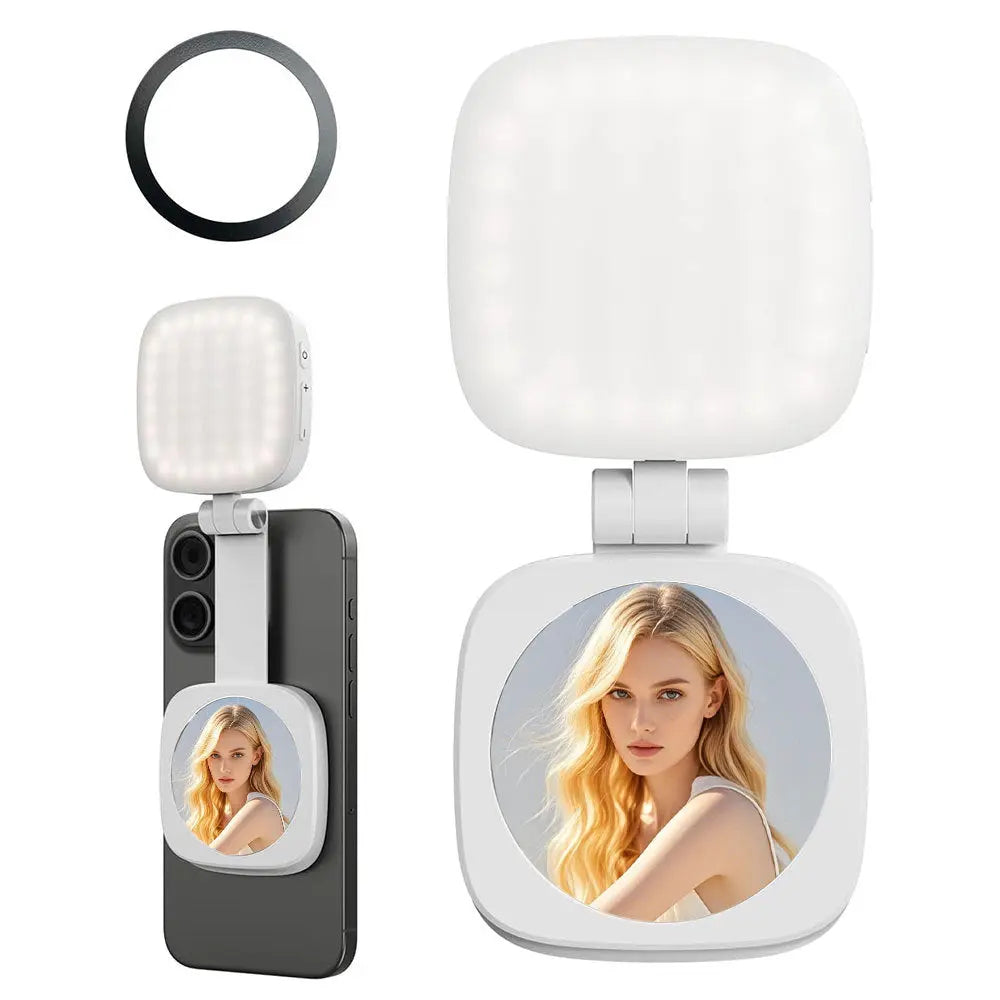 White Magnetic Foldable Selfie Light with Mirror - Rechargeable LED Fill Light for iPhone & Android Vlogging(Mobile phone is a shooting prop and is not included) Wholesale Hub