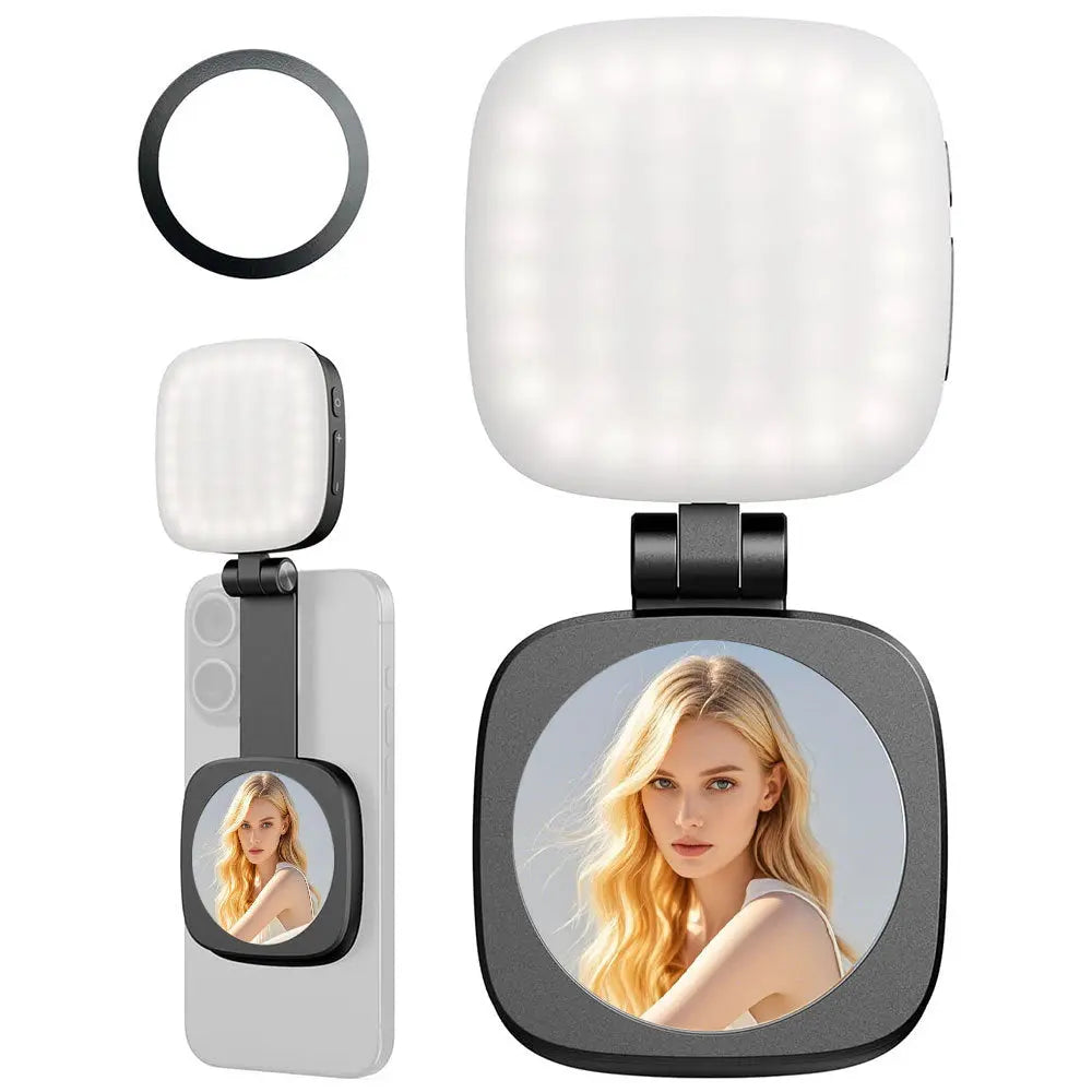 Black Magnetic Foldable Selfie Light with Mirror - Rechargeable LED Fill Light for iPhone & Android Vlogging(Mobile phone is a shooting prop and is not included) Wholesale Hub