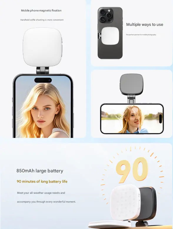 Black Magnetic Foldable Selfie Light with Mirror - Rechargeable LED Fill Light for iPhone & Android Vlogging(Mobile phone is a shooting prop and is not included) Wholesale Hub