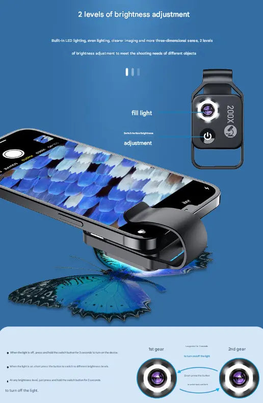 Black Portable 200X Clip-On Microscope Lens for Smartphone - HD Pocket Magnifier with CPL Filter and LED Light(excluding mobile phones) Wholesale Hub