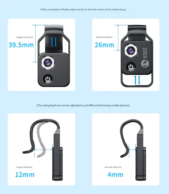 Black Portable 200X Clip-On Microscope Lens for Smartphone - HD Pocket Magnifier with CPL Filter and LED Light(excluding mobile phones) Wholesale Hub
