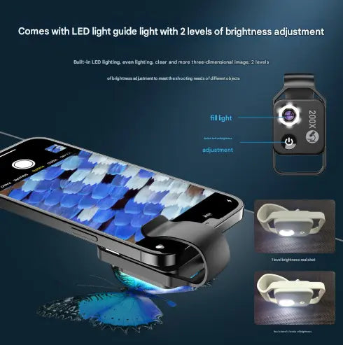 White Portable 200X Clip-On Microscope Lens for Smartphone - HD Pocket Magnifier with CPL Filter and LED Light(excluding mobile phones) Wholesale Hub