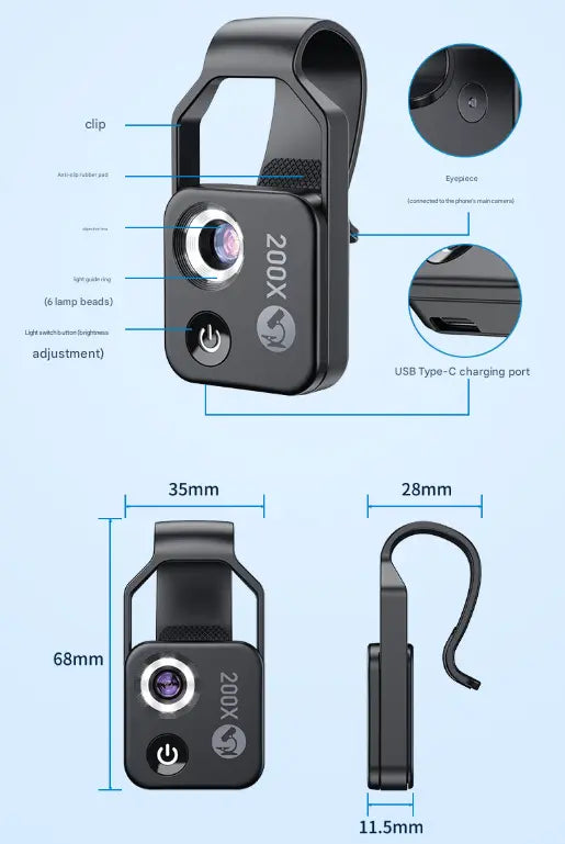 White Portable 200X Clip-On Microscope Lens for Smartphone - HD Pocket Magnifier with CPL Filter and LED Light(excluding mobile phones) Wholesale Hub