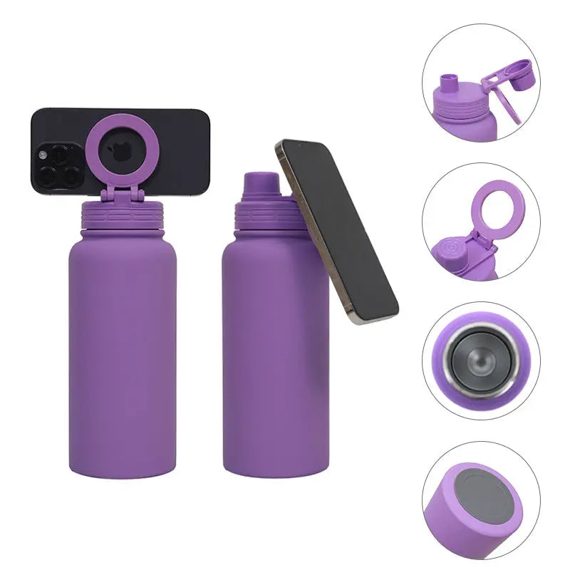 Orange Premium 35oz Stainless Steel Insulated Sports Bottle with Magnetic Phone Holder Lid Wholesale Hub