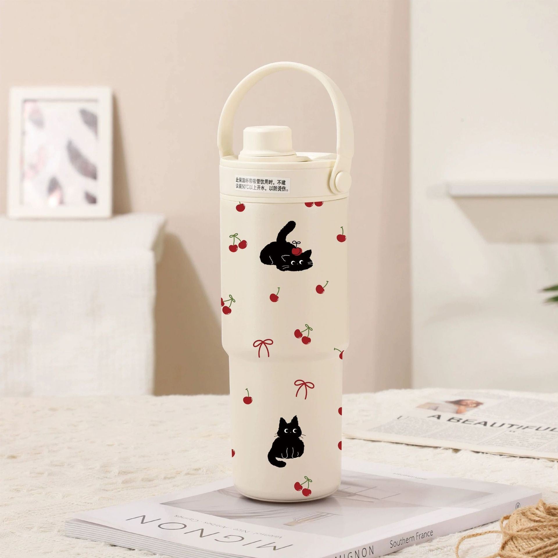 White-Cherry Black Cat 30oz Ceramic-Lined Insulated Tumbler with Handle, 735ml Stainless Steel Travel Mug Wholesale Hub
