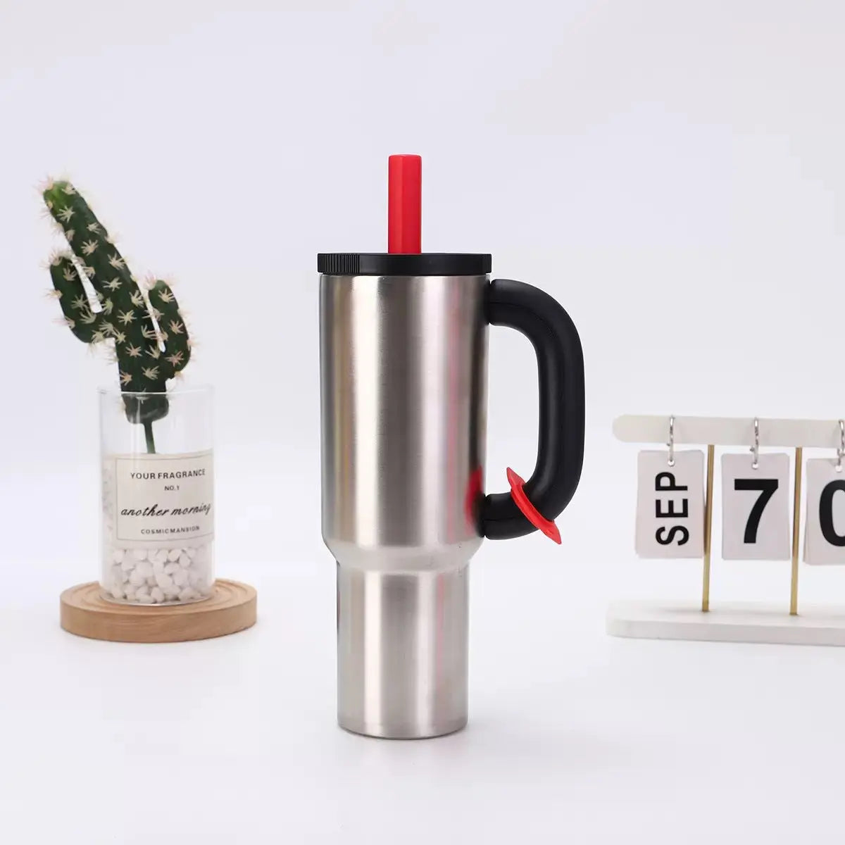 Steel Color 40oz Macron Stainless Steel Insulated Tumbler with Handle and Straw - 14.8 x 10.5 x 28 cm Large Capacity Car-Friendly Travel Mug Wholesale Hub