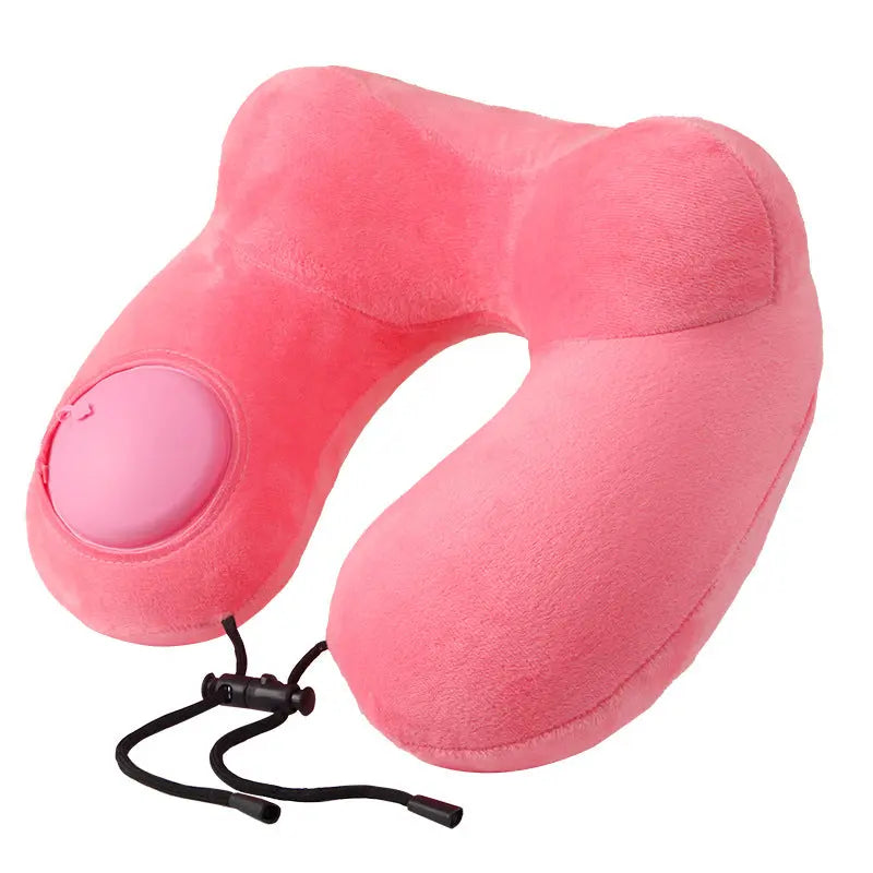 Pink Press-to-Inflate Travel Neck Pillow - Ergonomic U-Shaped Cushion for Airplane and Car Wholesale Hub