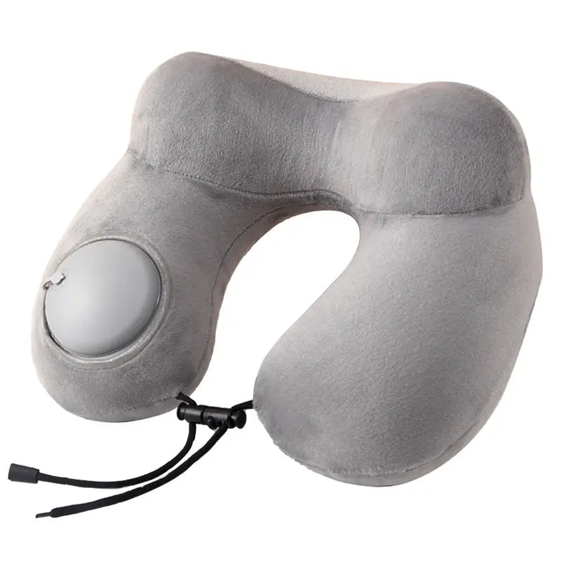 Grey Press-to-Inflate Travel Neck Pillow - Ergonomic U-Shaped Cushion for Airplane and Car Wholesale Hub
