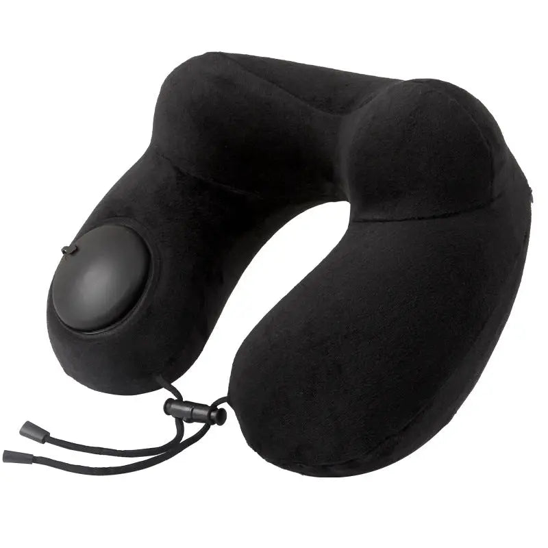 Black Press-to-Inflate Travel Neck Pillow - Ergonomic U-Shaped Cushion for Airplane and Car Wholesale Hub