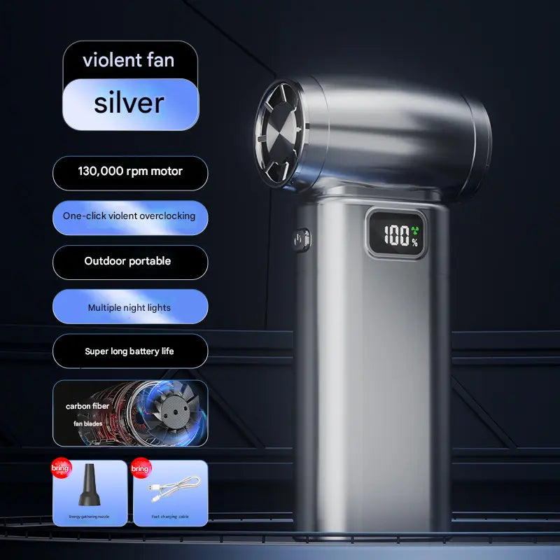 Silver Portable High-Speed Turbo Fan & Air Duster - 130,000 RPM Brushless Motor, Rechargeable Blower Wholesale Hub