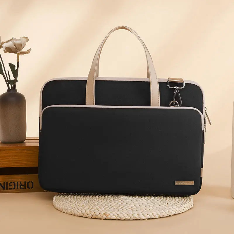 Black Chic Padded Laptop Bag for 15.6-Inch Notebooks - Versatile Shoulder Briefcase with Trolley Strap Wholesale Hub
