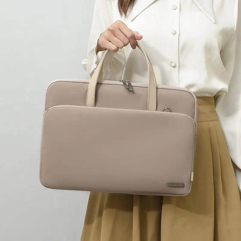 Beige Chic Padded Laptop Bag for 15.6-Inch Notebooks - Versatile Shoulder Briefcase with Trolley Strap Wholesale Hub