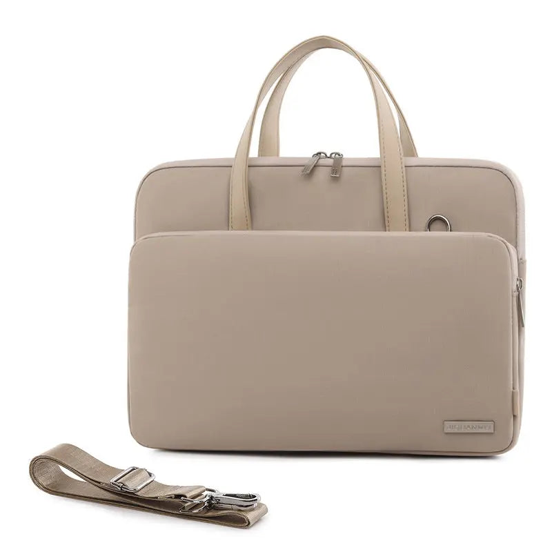 Beige Chic Padded Laptop Bag for 15.6-Inch Notebooks - Versatile Shoulder Briefcase with Trolley Strap Wholesale Hub
