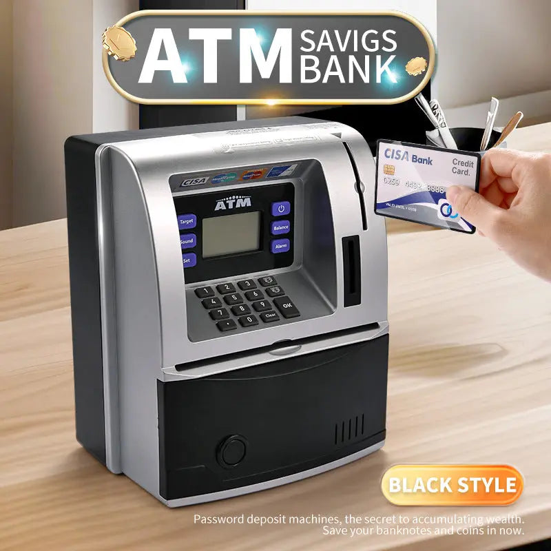 Black Digital ATM Savings Bank for Kids - Electronic Piggy Bank with PIN & Card for Real Money Wholesale Hub