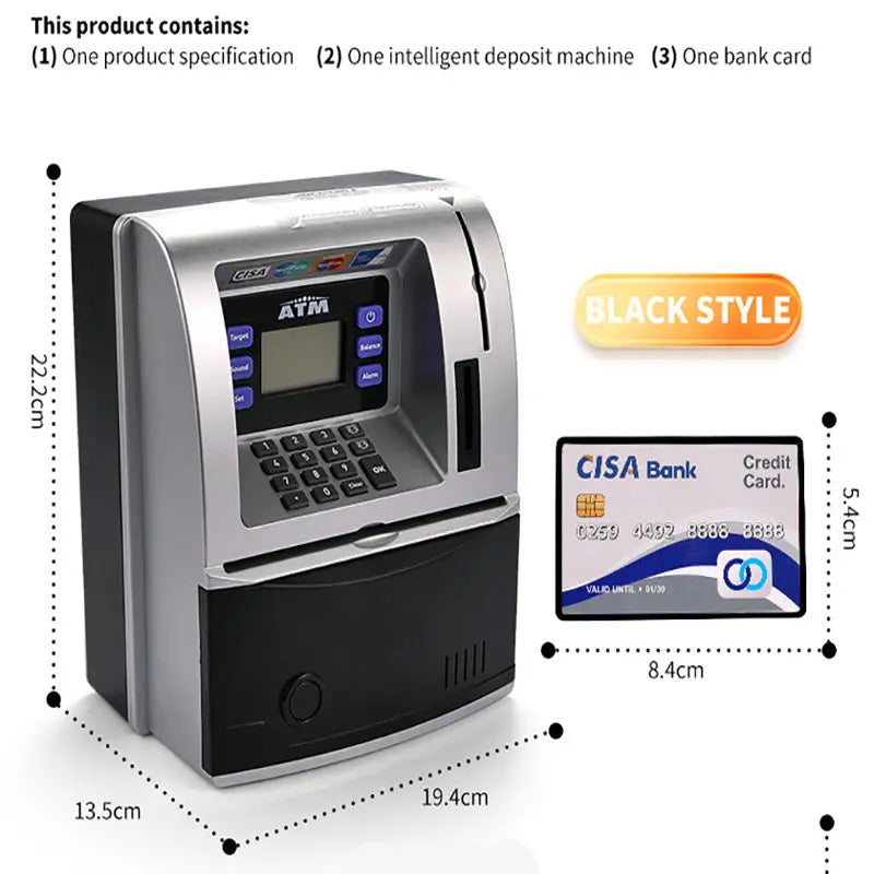 Black Digital ATM Savings Bank for Kids - Electronic Piggy Bank with PIN & Card for Real Money Wholesale Hub
