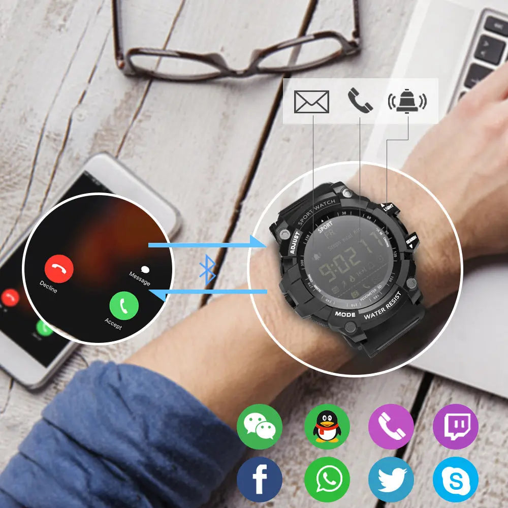 Rugged Sports Smartwatch - 50M Waterproof, 24H 3D Pedometer, Bluetooth Notifications & Long Battery Life(Black with blue text) Wholesale Hub