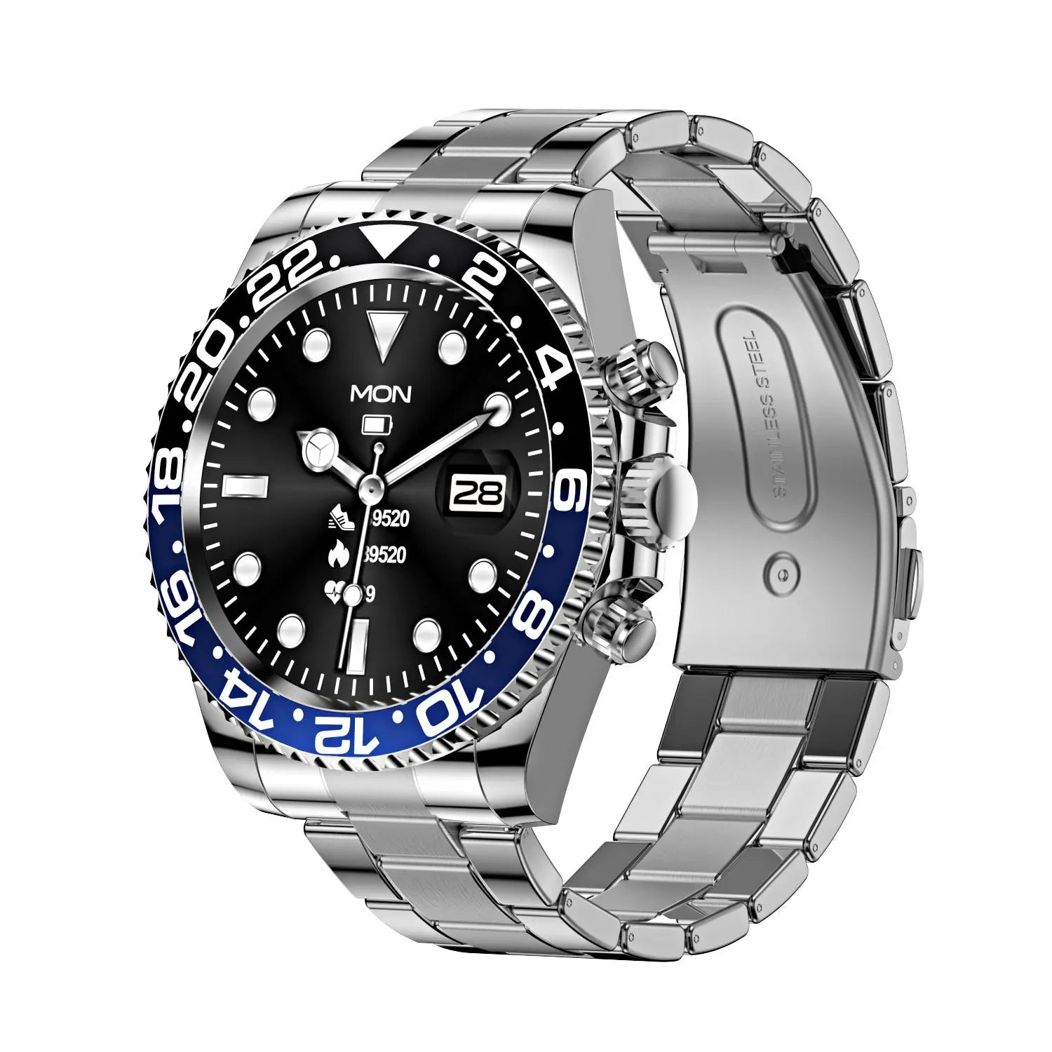 Classic Stainless Steel Smartwatch with Rotating Timer Bezel, Bluetooth Calling & Luminous Display(blue and black) Wholesale Hub