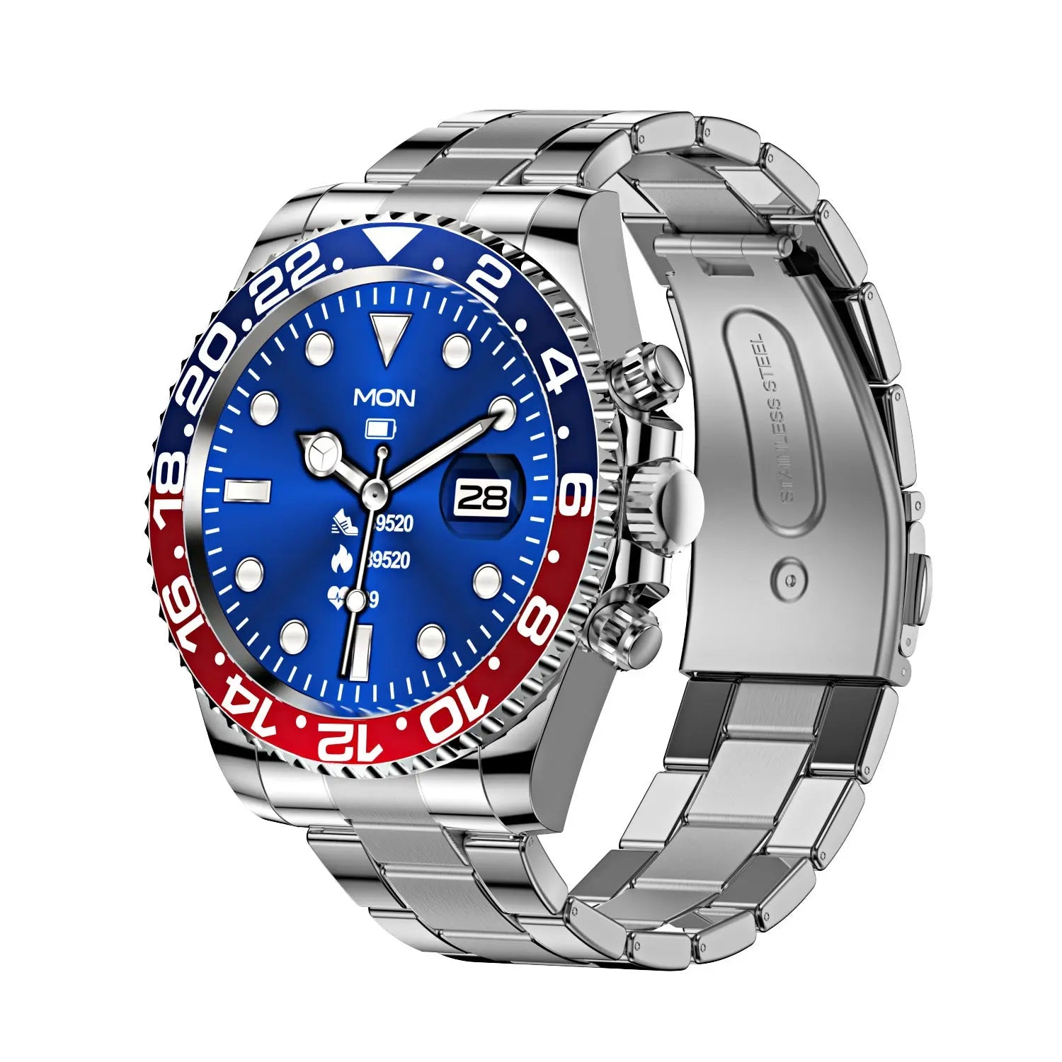Classic Stainless Steel Smartwatch with Rotating Timer Bezel, Bluetooth Calling & Luminous Display(blue and red) Wholesale Hub