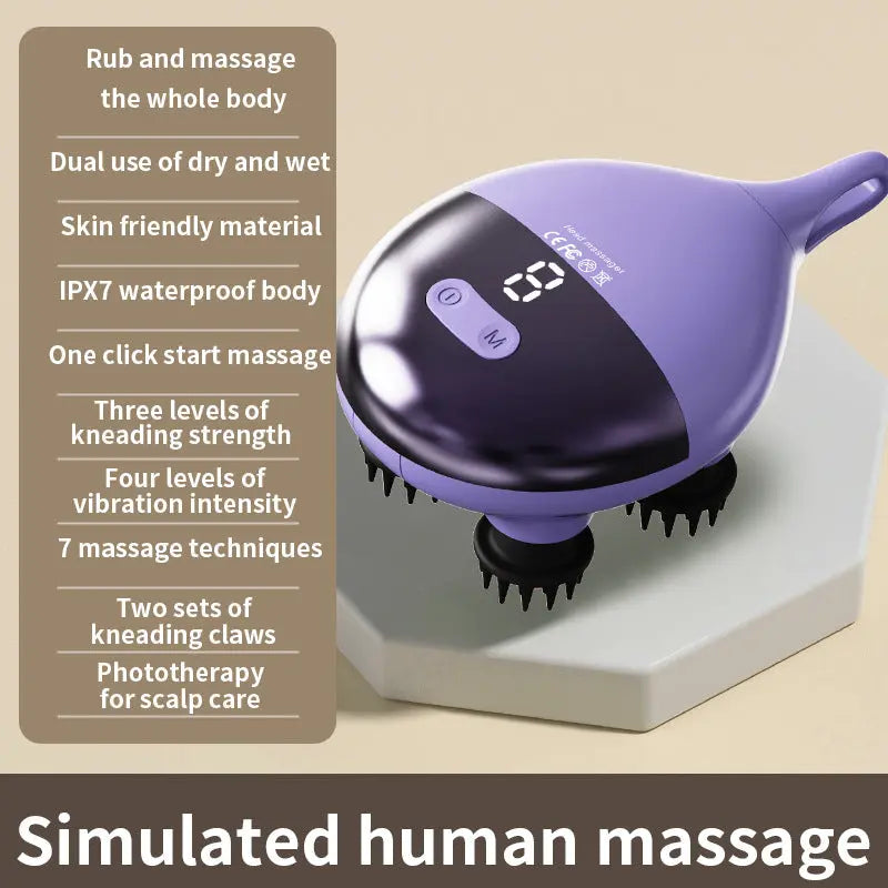 Intelligent 3D Electric Head & Scalp Massager - 7 Massage Techniques, IPX7 Waterproof, Rechargeable(Purple) Wholesale Hub