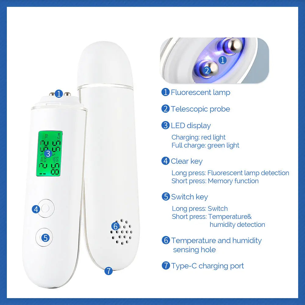 Smart Skin Analyzer with Multi-Function Detection - Measures Hydration, Oil, Elasticity, Skin Age & Fluorescent Agent Test(White) Wholesale Hub