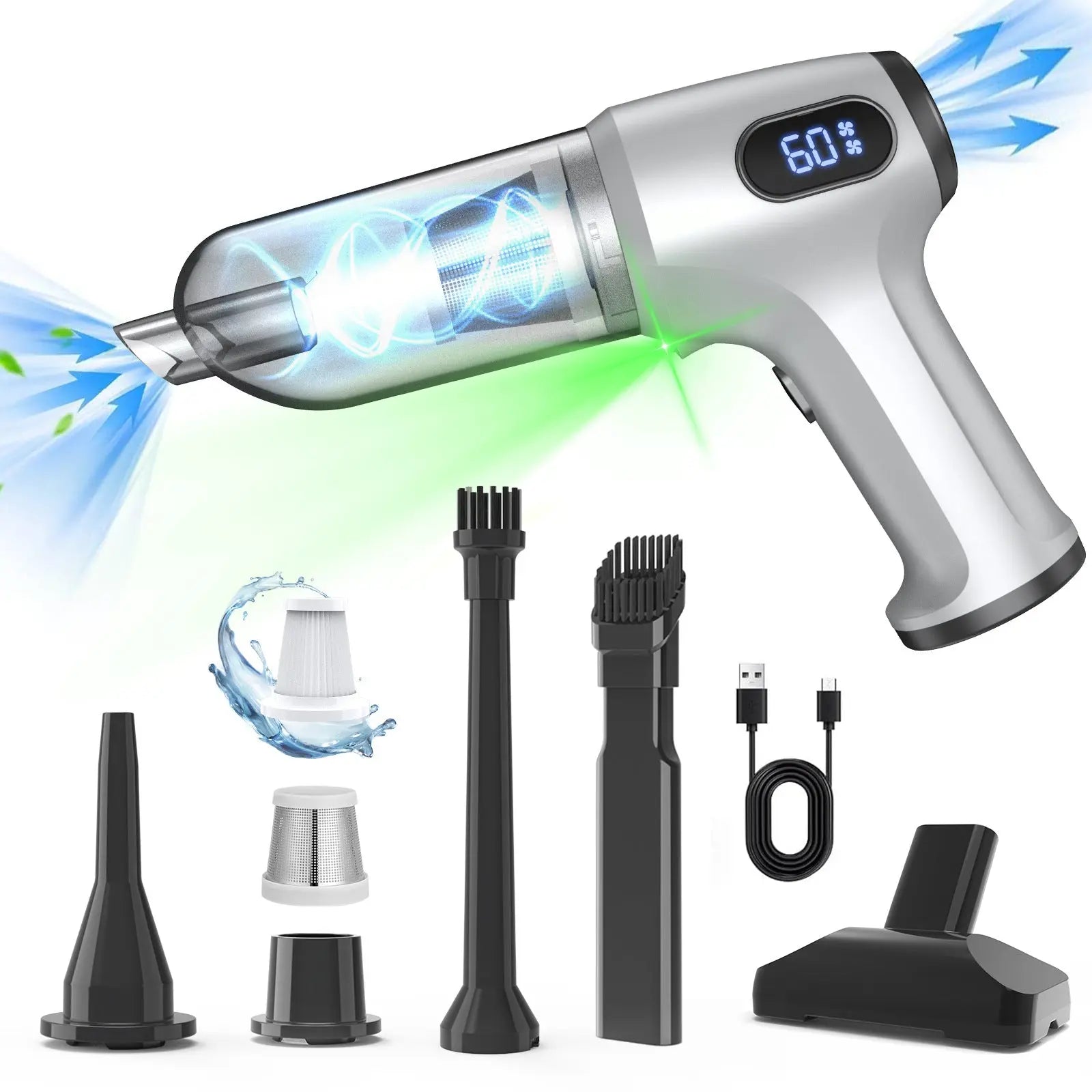 2-in-1 Cordless Handheld Vacuum & Air Duster - 12000Pa Suction, 70000 RPM, LED Light, USB-C Rechargeable(Silver) Wholesale Hub