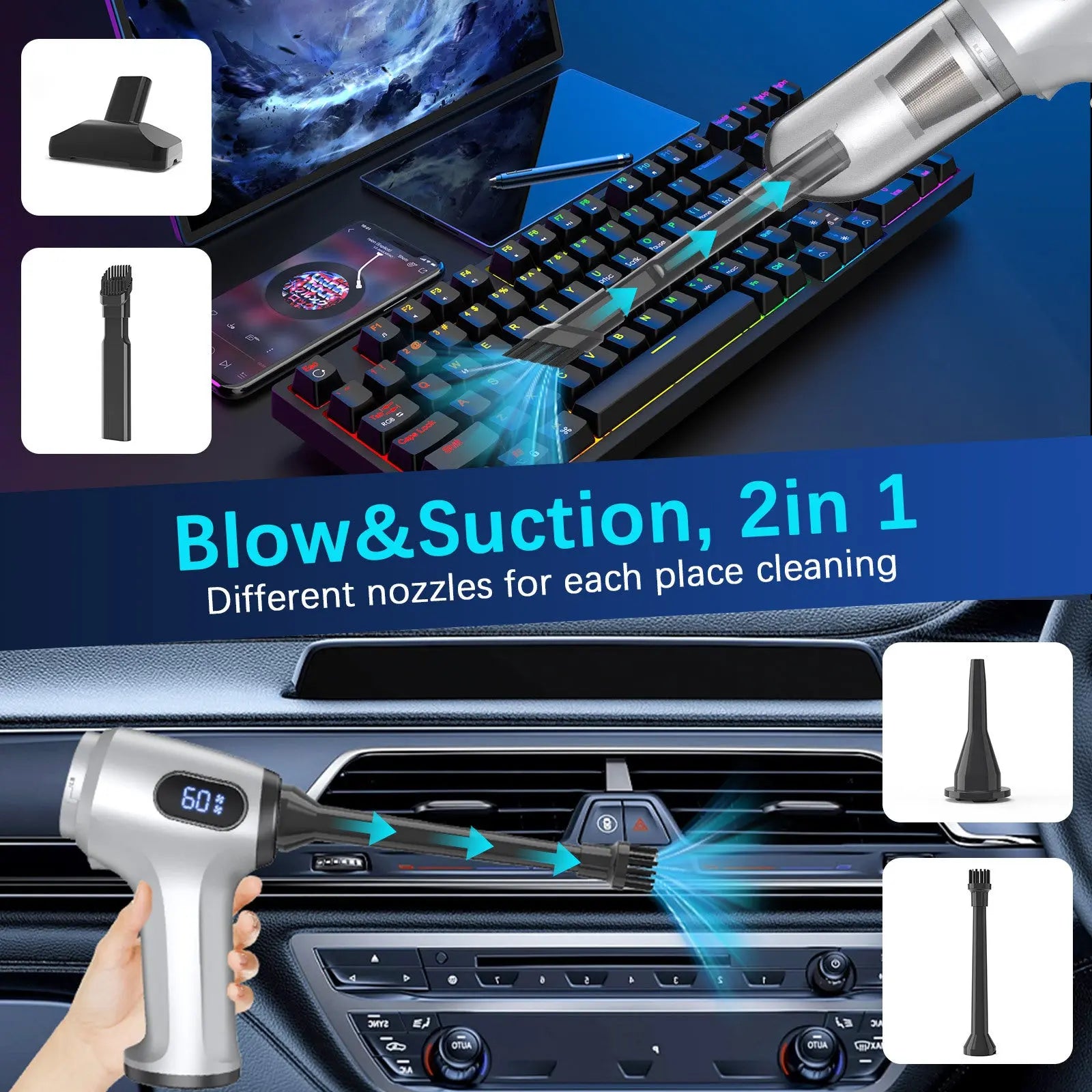 2-in-1 Cordless Handheld Vacuum & Air Duster - 12000Pa Suction, 70000 RPM, LED Light, USB-C Rechargeable(Silver) Wholesale Hub