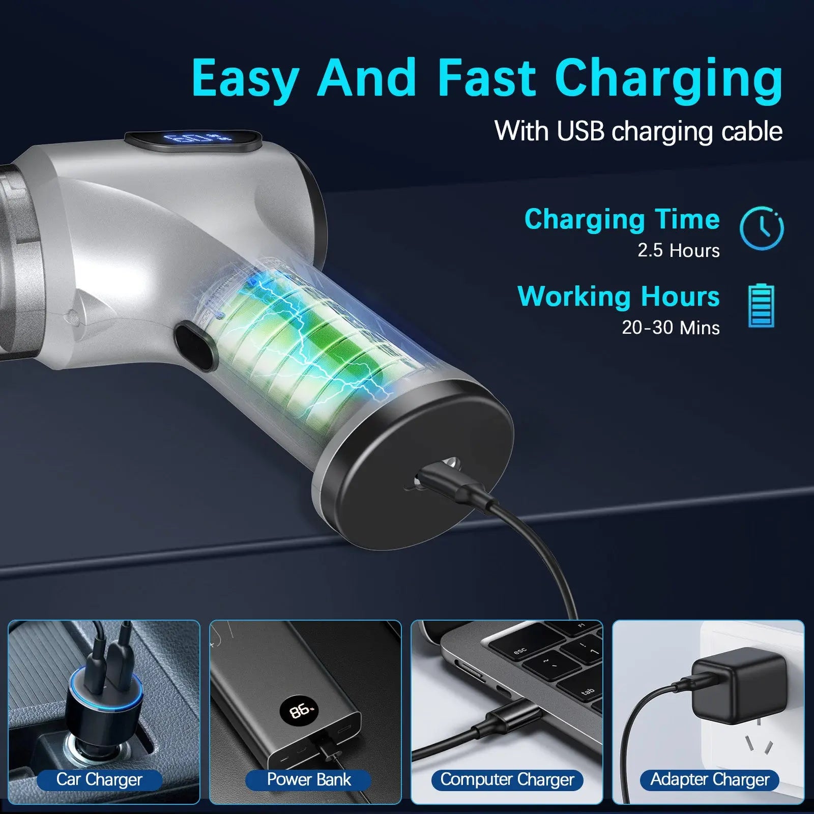 2-in-1 Cordless Handheld Vacuum & Air Duster - 12000Pa Suction, 70000 RPM, LED Light, USB-C Rechargeable(Silver) Wholesale Hub