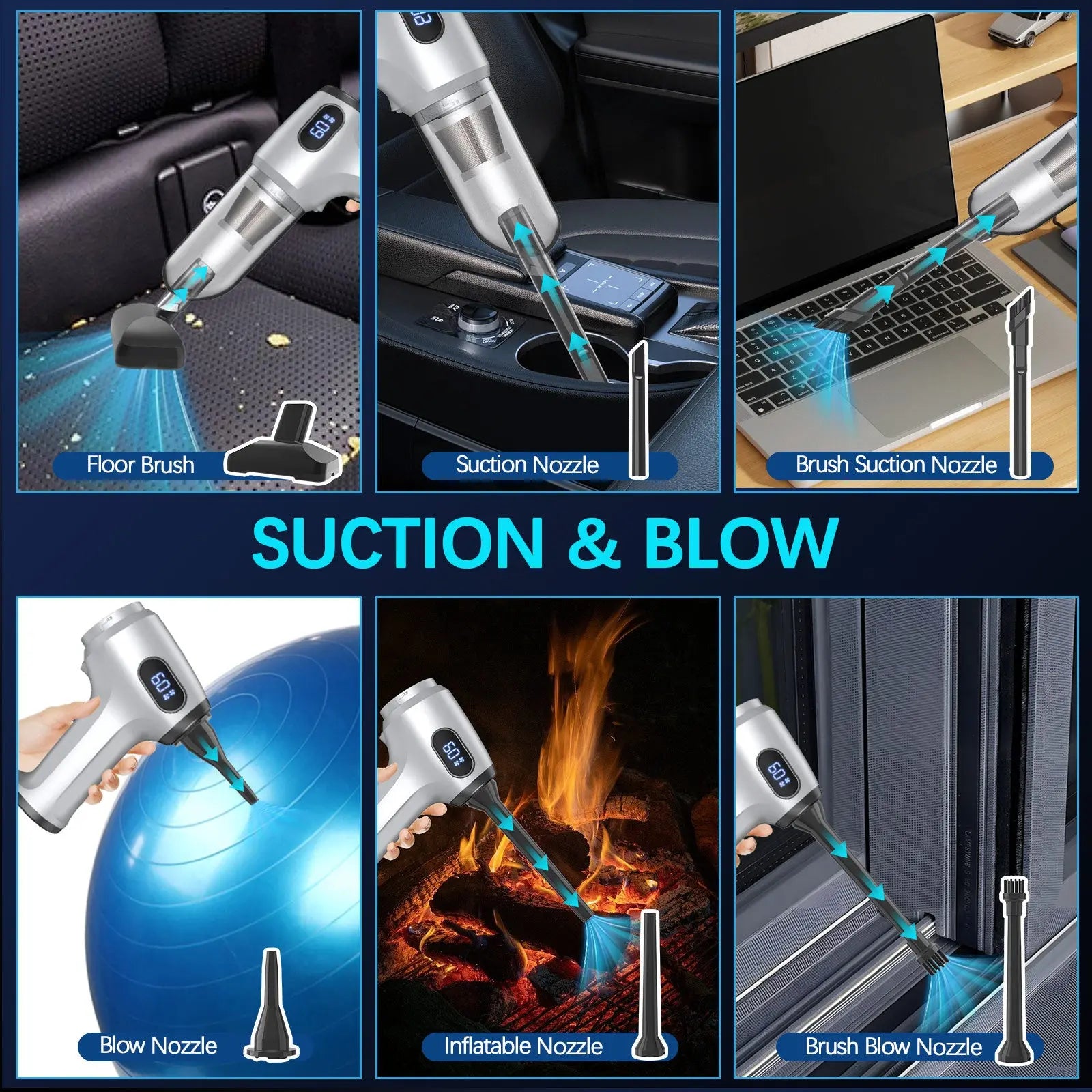 2-in-1 Cordless Handheld Vacuum & Air Duster - 12000Pa Suction, 70000 RPM, LED Light, USB-C Rechargeable(Silver) Wholesale Hub