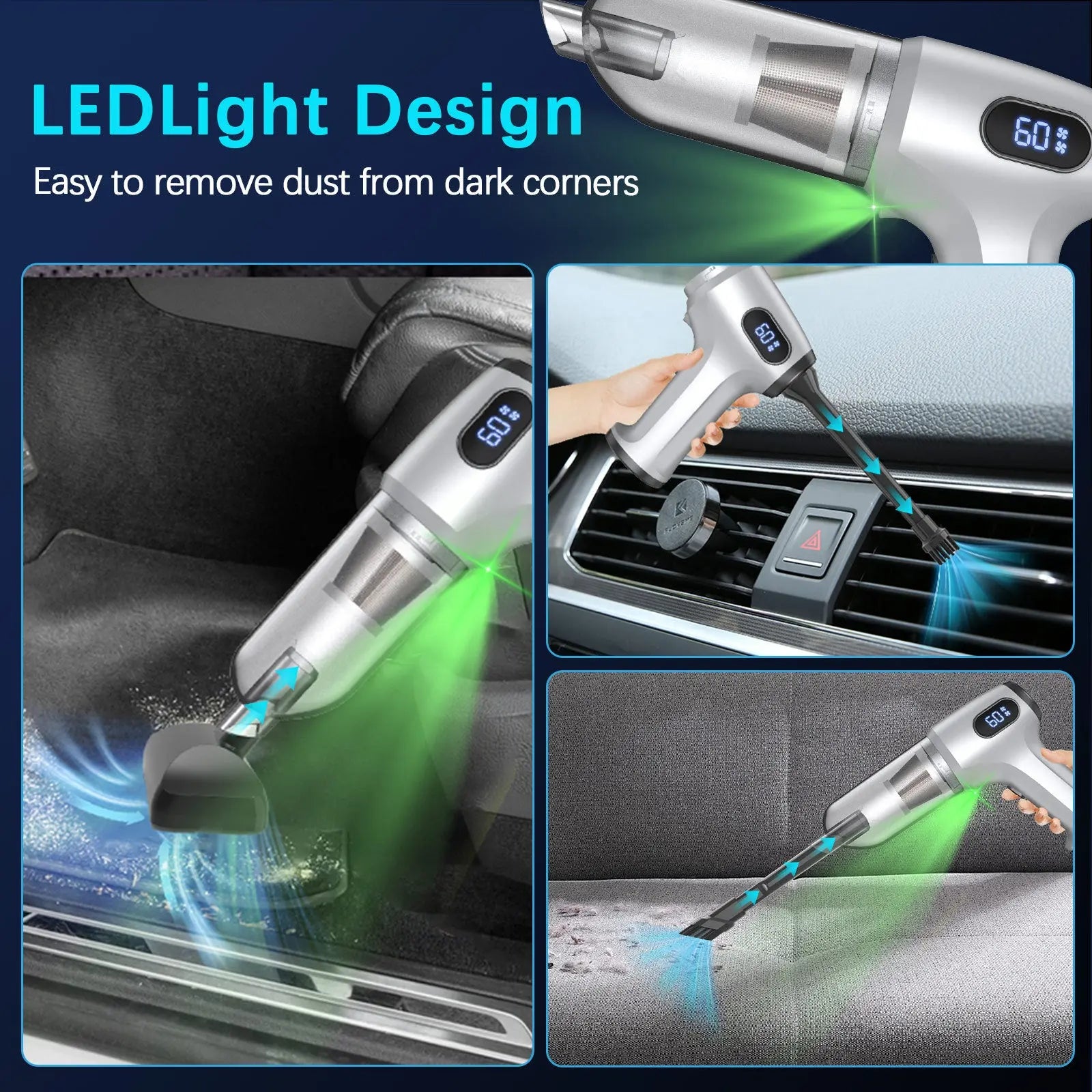 2-in-1 Cordless Handheld Vacuum & Air Duster - 12000Pa Suction, 70000 RPM, LED Light, USB-C Rechargeable(Silver) Wholesale Hub