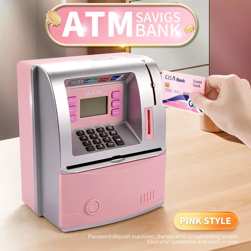 Kids Electronic ATM Savings Bank - Digital Piggy Bank with Password, Auto Roll-in Banknotes & Coin Slot for Financial Learning Fun(pink) Wholesale Hub