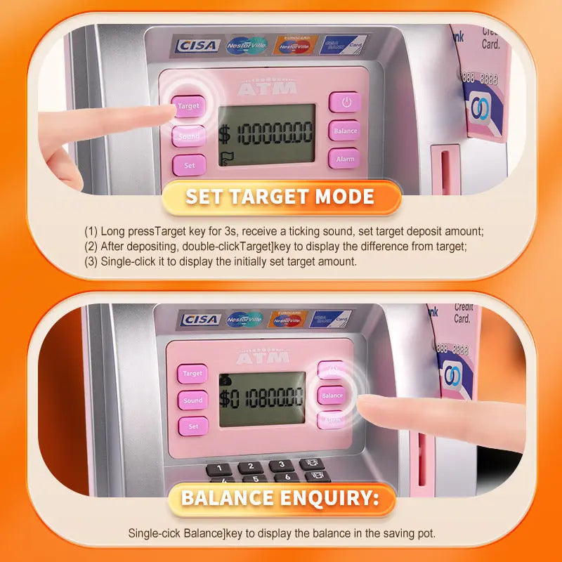 Kids Electronic ATM Savings Bank - Digital Piggy Bank with Password, Auto Roll-in Banknotes & Coin Slot for Financial Learning Fun(pink) Wholesale Hub