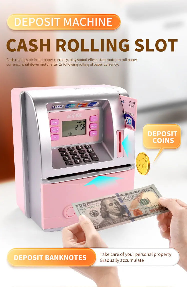 Kids Electronic ATM Savings Bank - Digital Piggy Bank with Password, Auto Roll-in Banknotes & Coin Slot for Financial Learning Fun(pink) Wholesale Hub