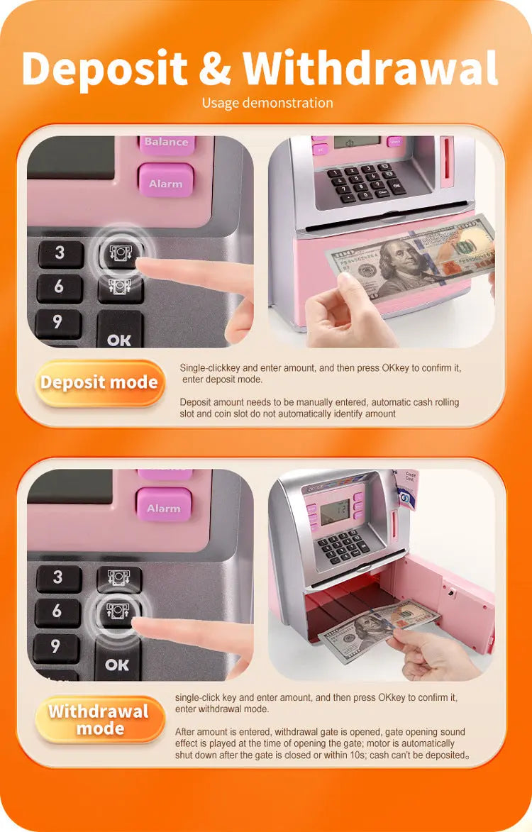 Kids Electronic ATM Savings Bank - Digital Piggy Bank with Password, Auto Roll-in Banknotes & Coin Slot for Financial Learning Fun(pink) Wholesale Hub