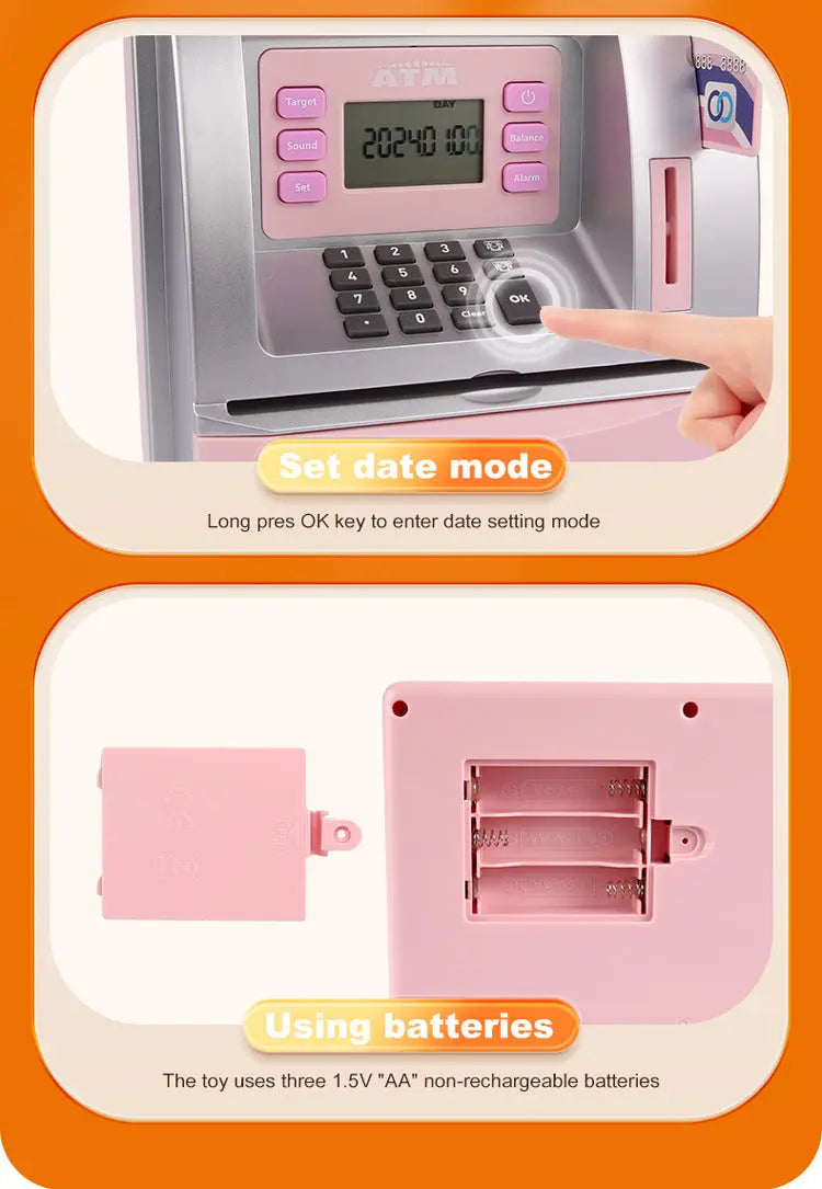 Kids Electronic ATM Savings Bank - Digital Piggy Bank with Password, Auto Roll-in Banknotes & Coin Slot for Financial Learning Fun(pink) Wholesale Hub