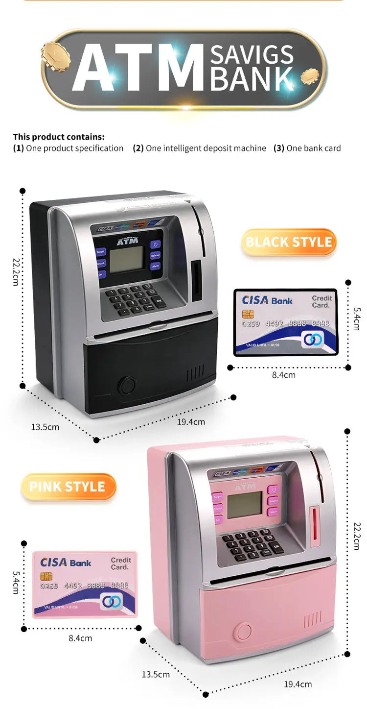 Kids Electronic ATM Savings Bank - Digital Piggy Bank with Password, Auto Roll-in Banknotes & Coin Slot for Financial Learning Fun(pink) Wholesale Hub