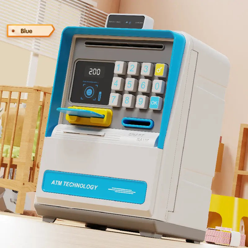 Kids Electronic ATM Piggy Bank with Simulated Facial Recognition & Password - Auto Roll-in Banknote & Coin Money Box for Financial Learning(blue) Wholesale Hub