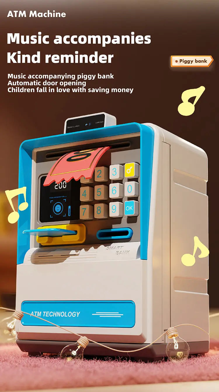 Kids Electronic ATM Piggy Bank with Simulated Facial Recognition & Password - Auto Roll-in Banknote & Coin Money Box for Financial Learning(blue) Wholesale Hub