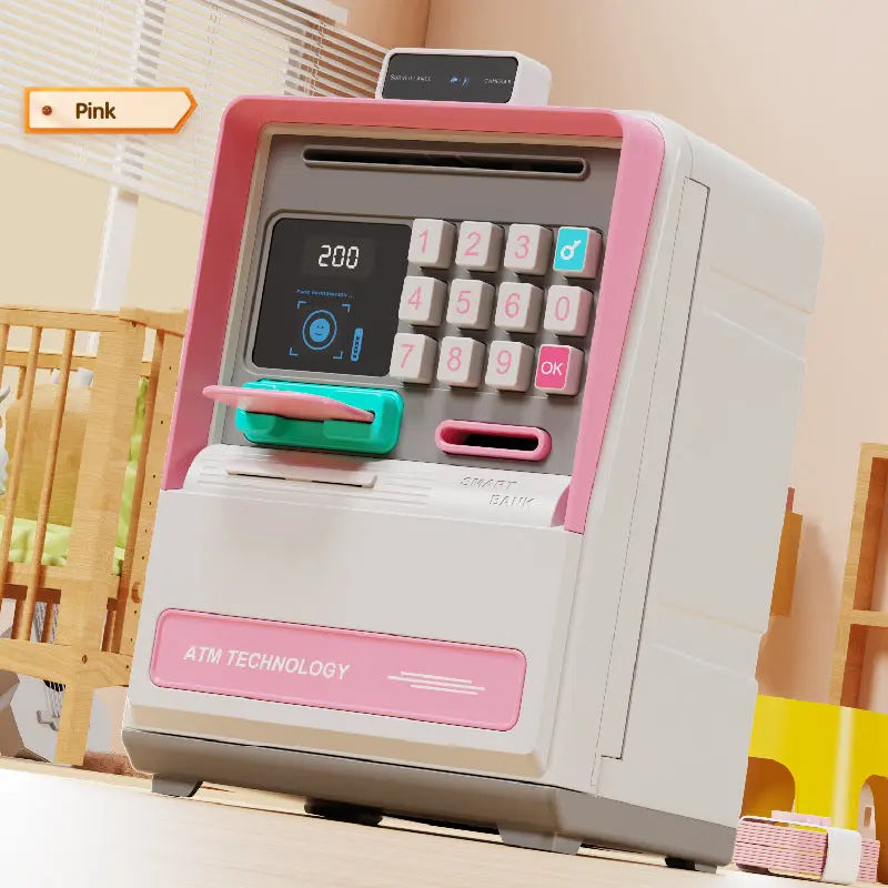 Kids Electronic ATM Piggy Bank with Simulated Facial Recognition & Password - Auto Roll-in Banknote & Coin Money Box for Financial Learning(pink) Wholesale Hub