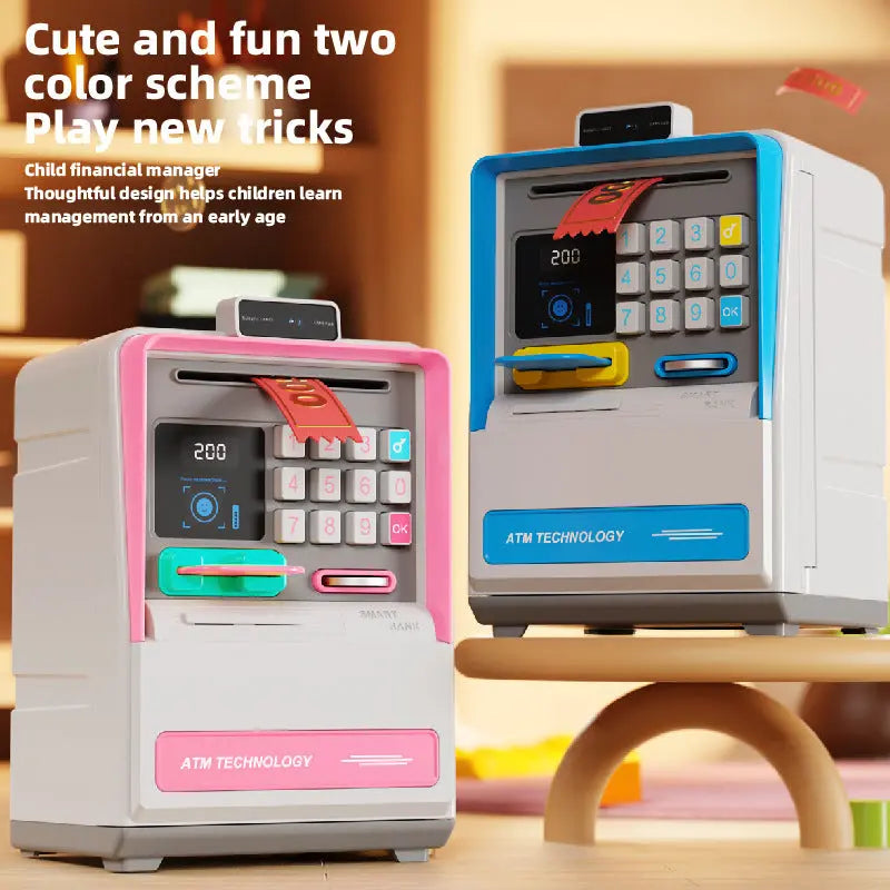 Kids Electronic ATM Piggy Bank with Simulated Facial Recognition & Password - Auto Roll-in Banknote & Coin Money Box for Financial Learning(pink) Wholesale Hub