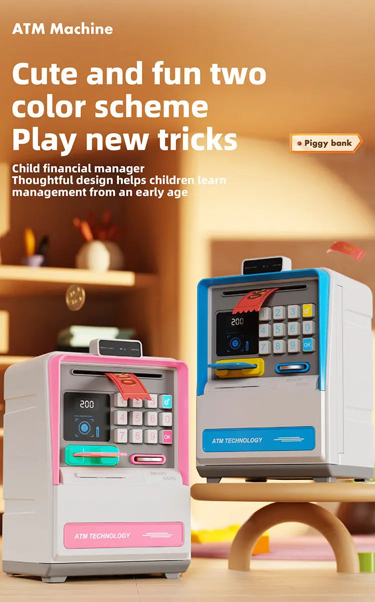Kids Electronic ATM Piggy Bank with Simulated Facial Recognition & Password - Auto Roll-in Banknote & Coin Money Box for Financial Learning(pink) Wholesale Hub
