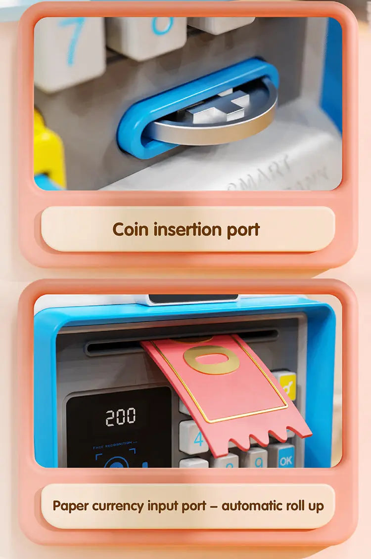 Kids Electronic ATM Piggy Bank with Simulated Facial Recognition & Password - Auto Roll-in Banknote & Coin Money Box for Financial Learning(pink) Wholesale Hub