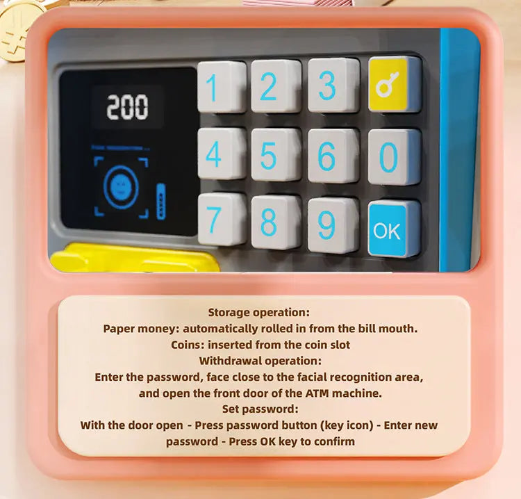 Kids Electronic ATM Piggy Bank with Simulated Facial Recognition & Password - Auto Roll-in Banknote & Coin Money Box for Financial Learning(pink) Wholesale Hub